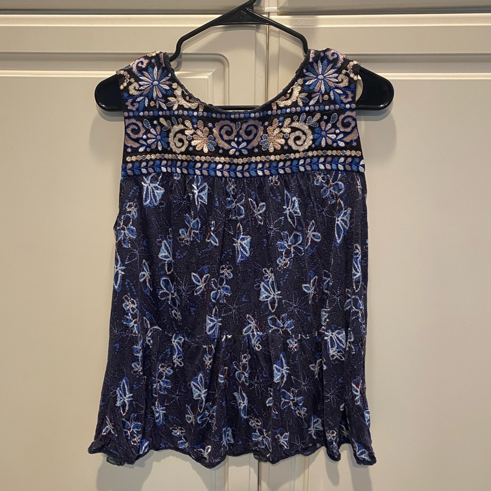 One September Anthropologie Embroidered Navy LX Womens Tank Top